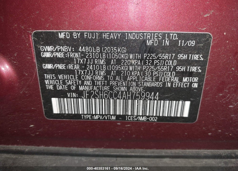 2010 SUBARU FORESTER 2.5X PREMIUM VIN: JF2SH6CC4AH759944