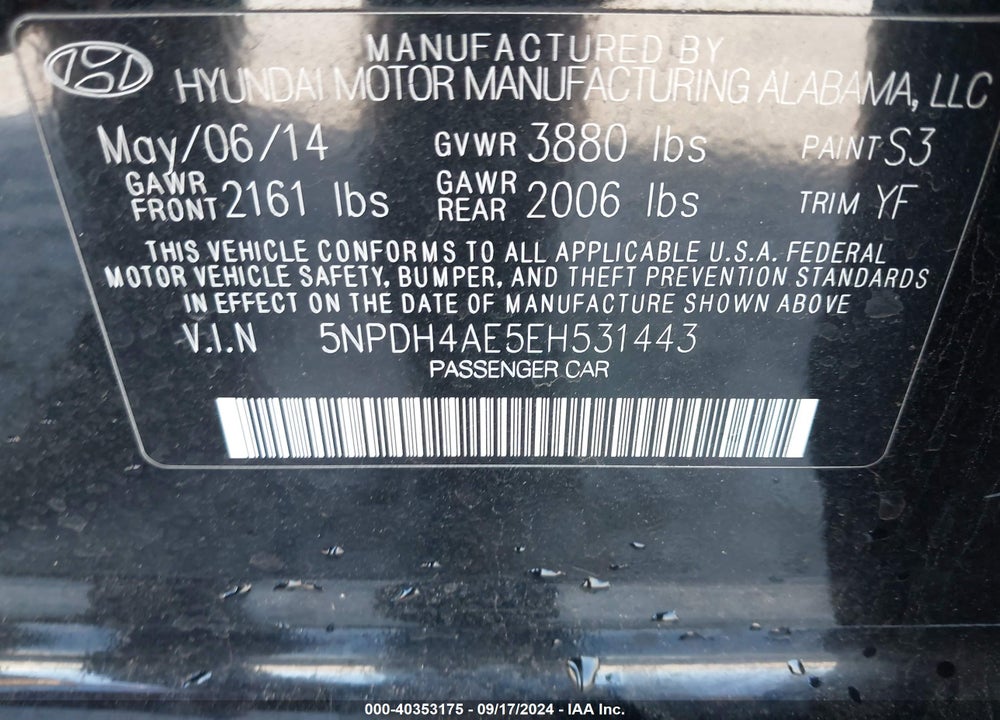 2014 HYUNDAI ELANTRA SE VIN: 5NPDH4AE5EH531443