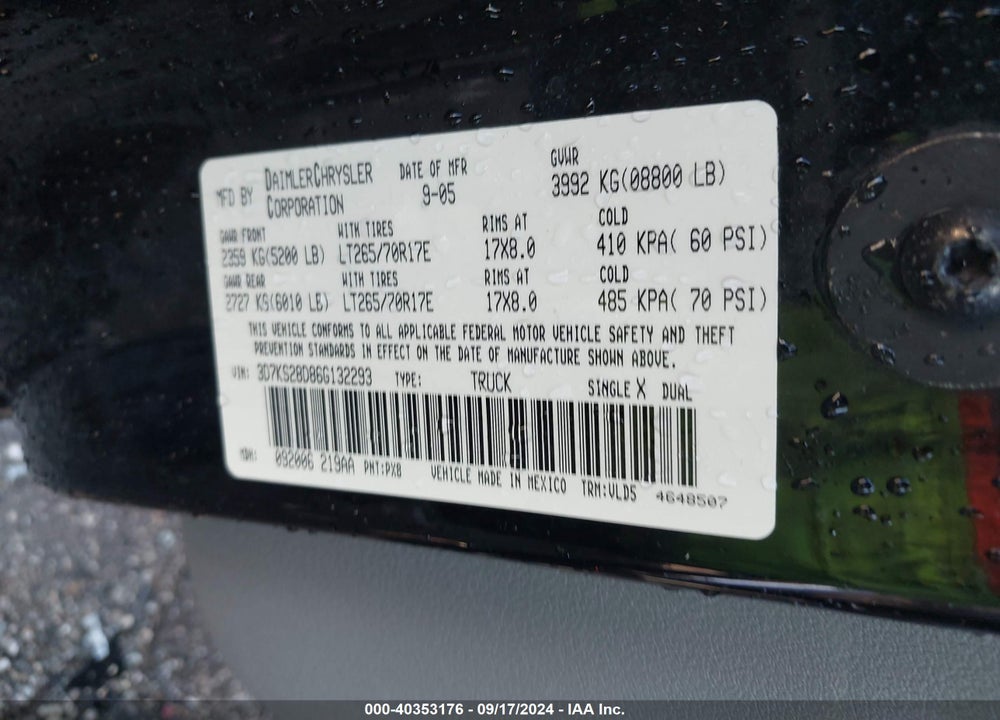 2006 DODGE RAM 2500 LARAMIE VIN: 3D7KS28D86G132293