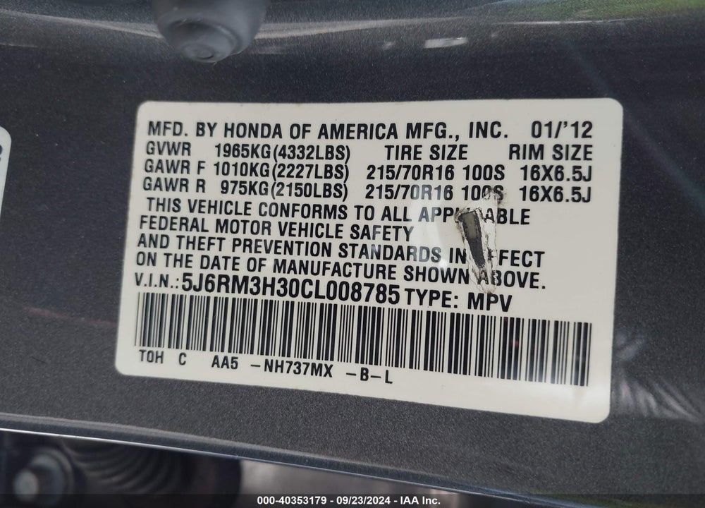 2012 HONDA CR-V VIN: 5J6RM3H30CL008785