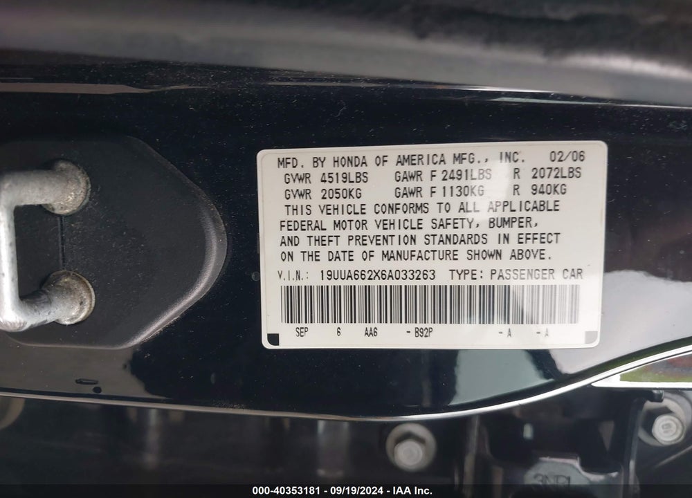 2006 ACURA TL VIN: 19UUA662X6A033263