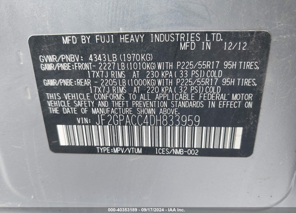 2013 SUBARU XV CROSSTREK 2.0I PREMIUM VIN: JF2GPACC4DH833959
