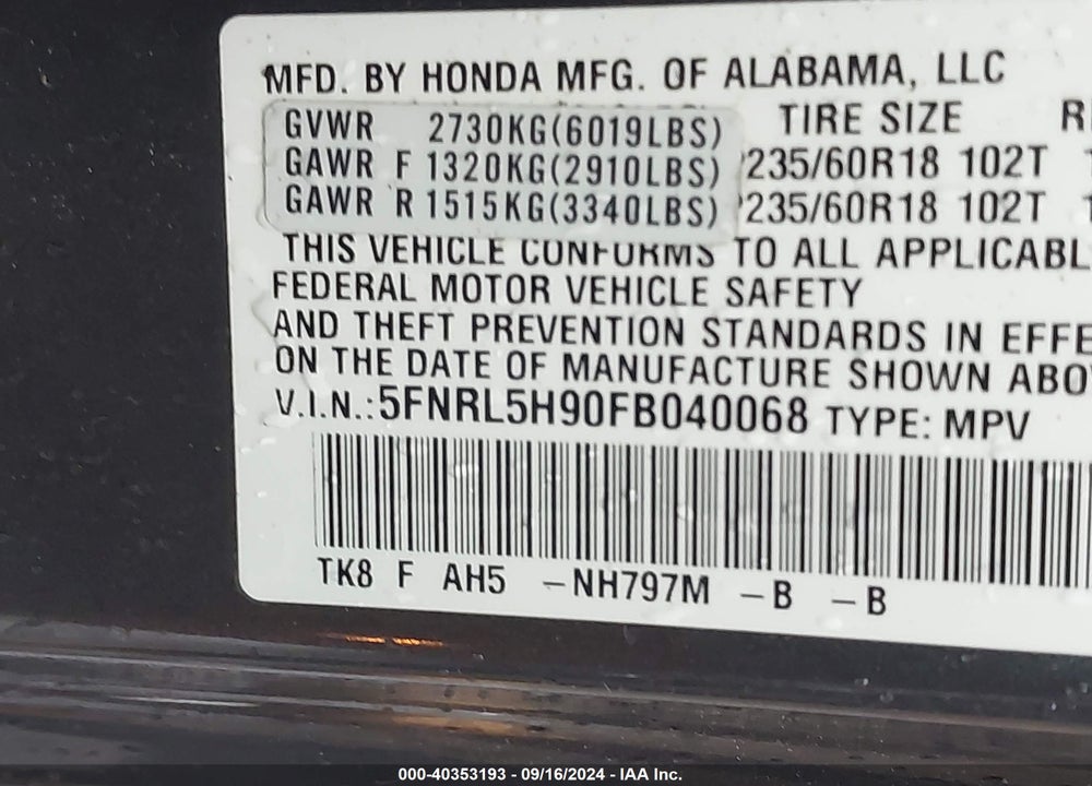 2015 HONDA ODYSSEY TOURING/TOURING ELITE VIN: 5FNRL5H90FB040068