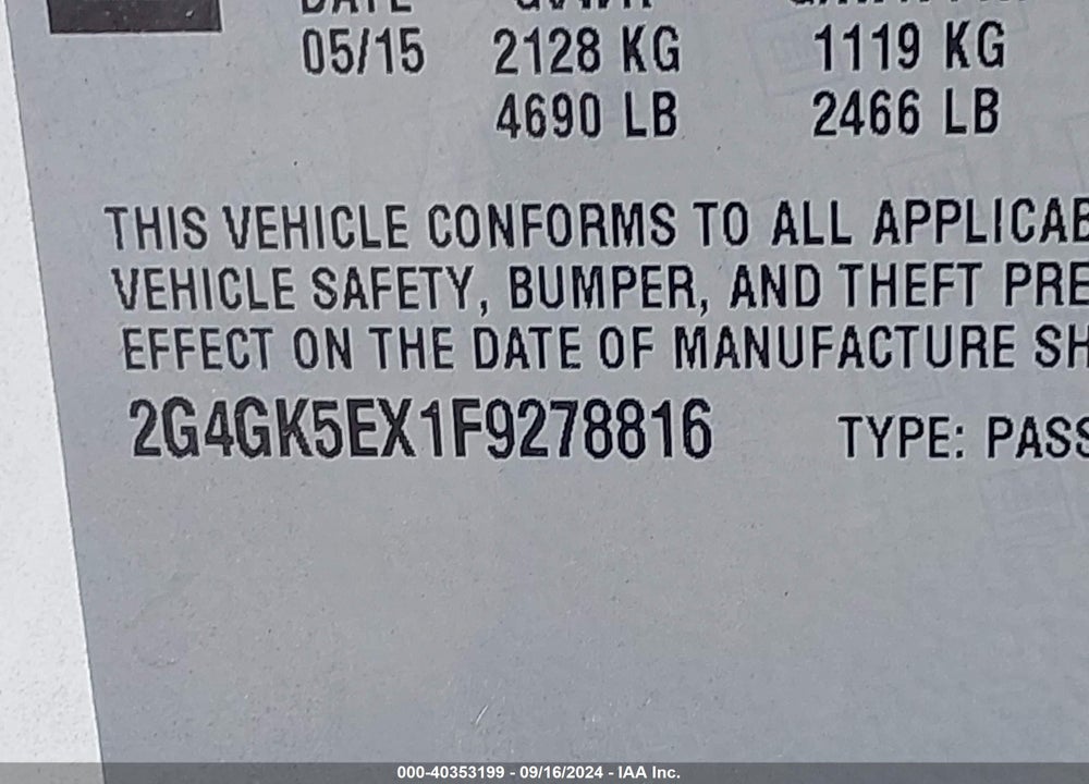 2015 BUICK REGAL TURBO VIN: 2G4GK5EX1F9278816