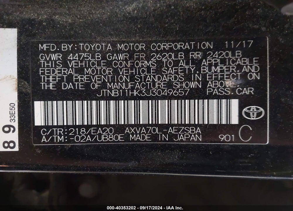 2018 TOYOTA CAMRY SE VIN: JTNB11HK3J3049657