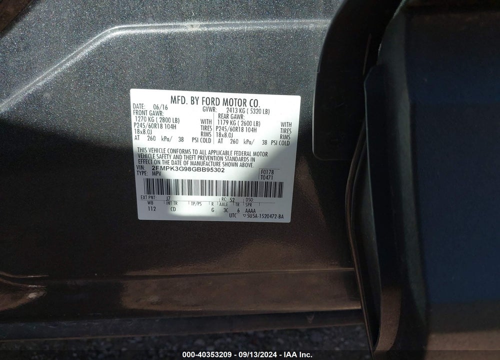 2016 FORD EDGE SE VIN: 2FMPK3G98GBB95302