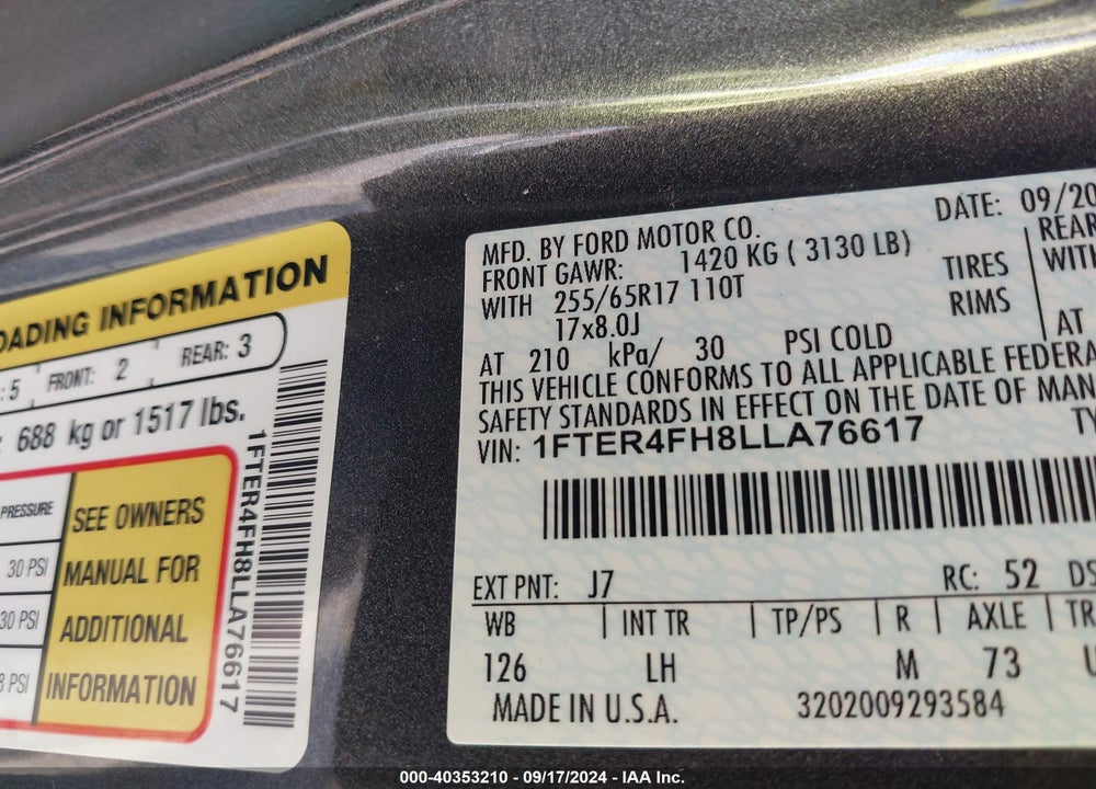 2020 FORD RANGER XLT VIN: 1FTER4FH8LLA76617