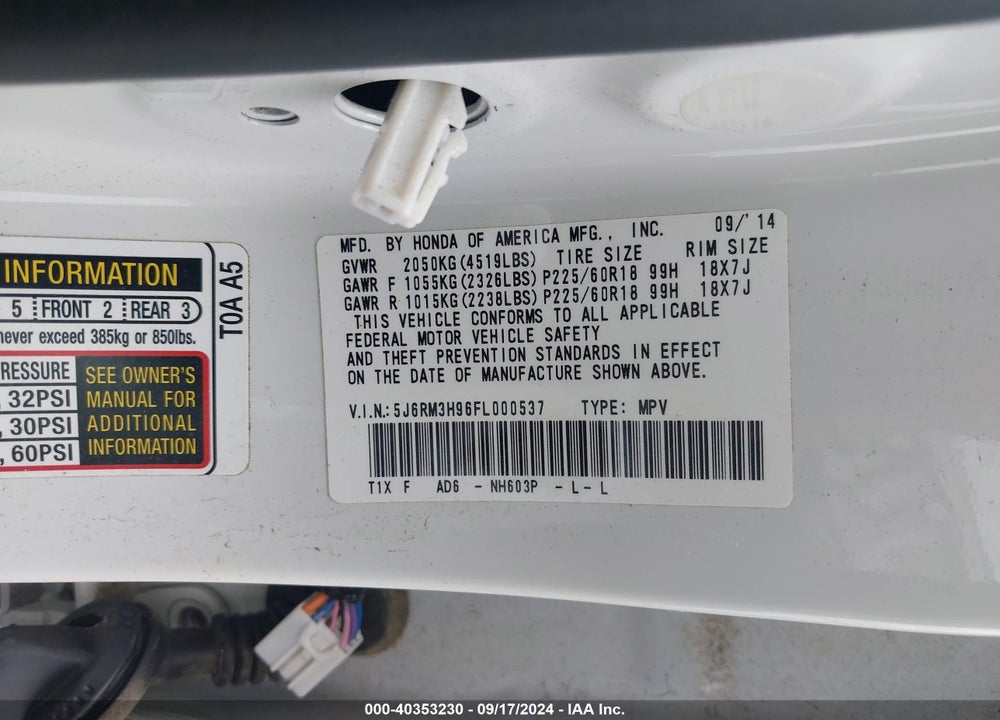 2015 HONDA CR-V TOURING VIN: 5J6RM3H96FL000537