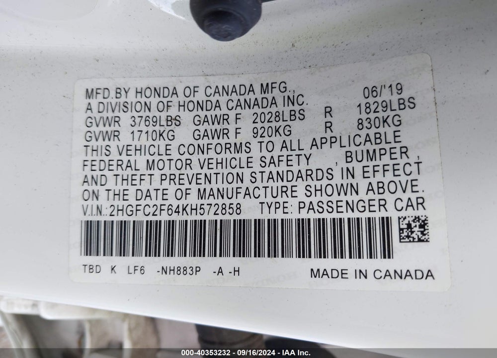 2019 HONDA CIVIC LX VIN: 2HGFC2F64KH572858