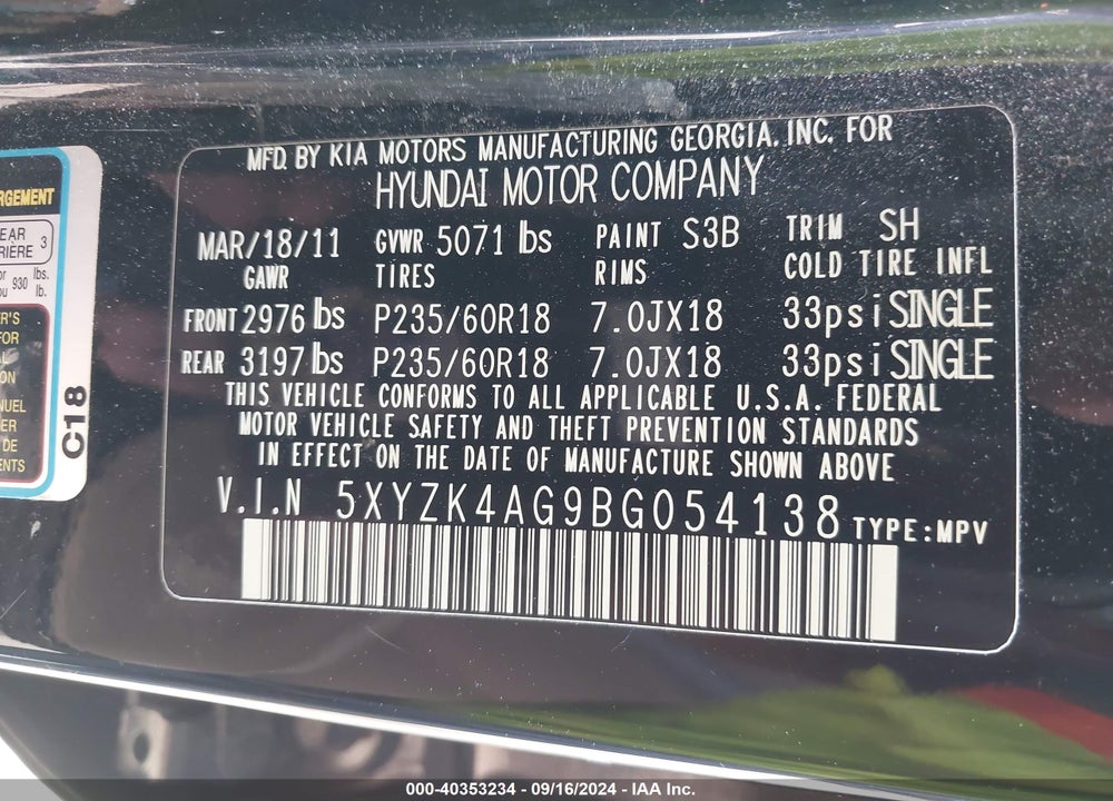 2011 HYUNDAI SANTA FE LIMITED V6 VIN: 5XYZK4AG9BG054138