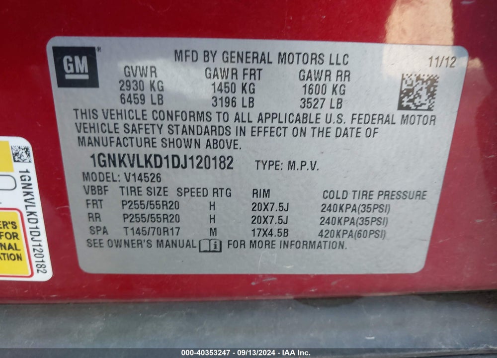 2013 CHEVROLET TRAVERSE LTZ VIN: 1GNKVLKD1DJ120182