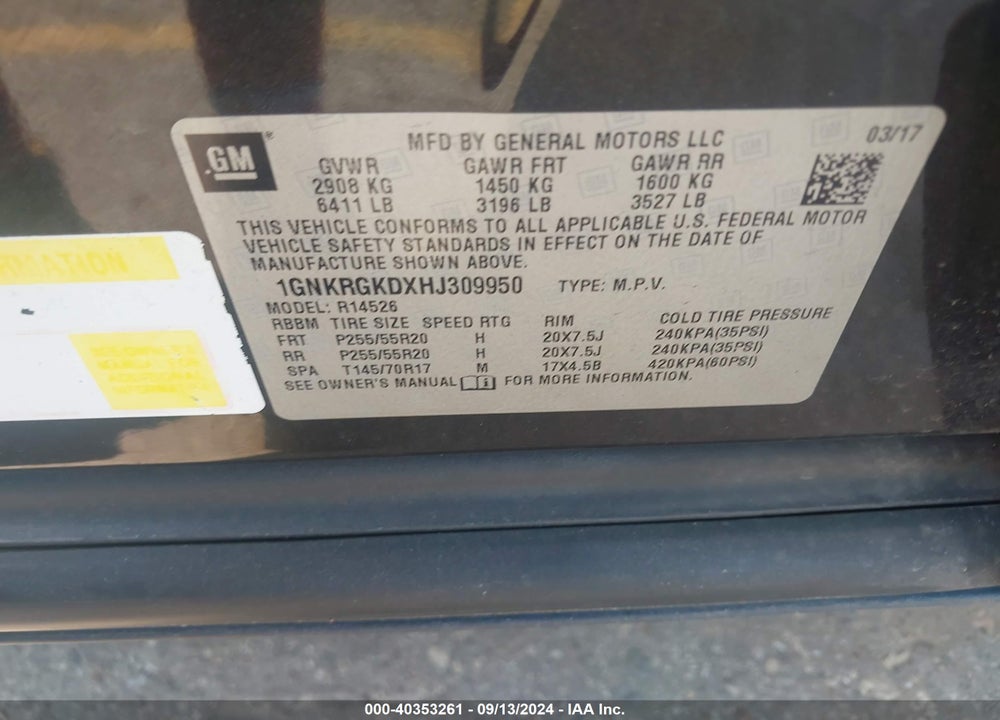 2017 CHEVROLET TRAVERSE 1LT VIN: 1GNKRGKDXHJ309950