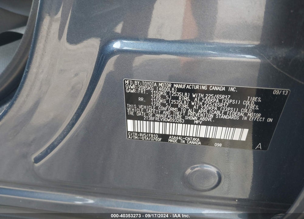 2013 TOYOTA RAV4 LE VIN: 2T3BFREV9DW093263