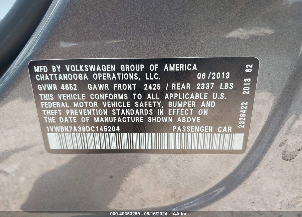 2013 VOLKSWAGEN PASSAT 2.0L TDI SE VIN: 1VWBN7A38DC145204