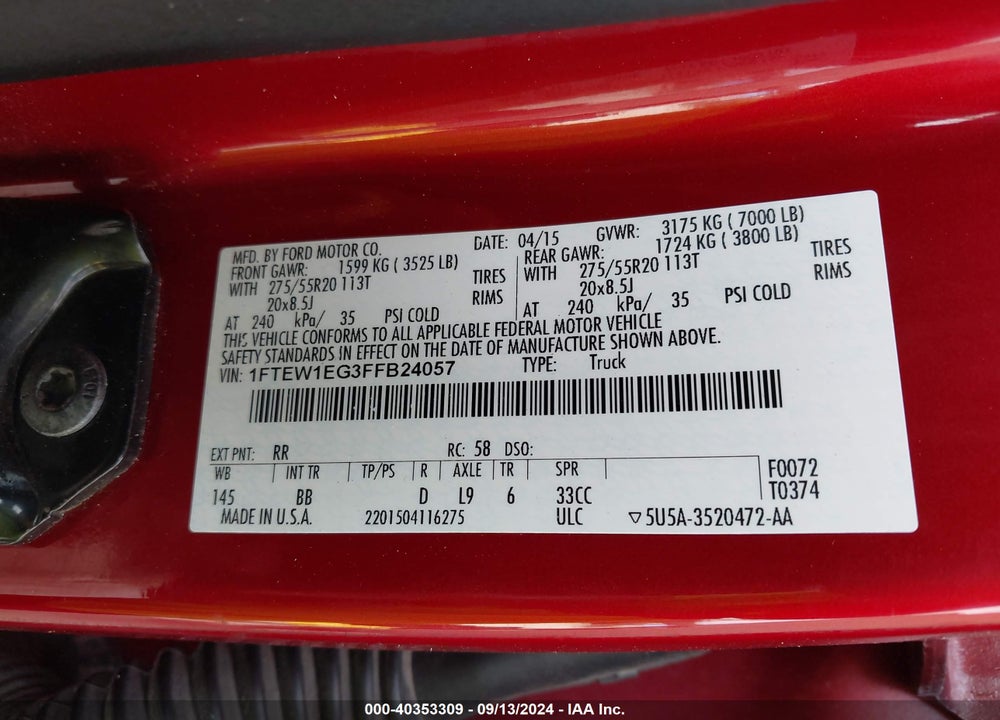 2015 FORD F-150 PLATINUM VIN: 1FTEW1EG3FFB24057