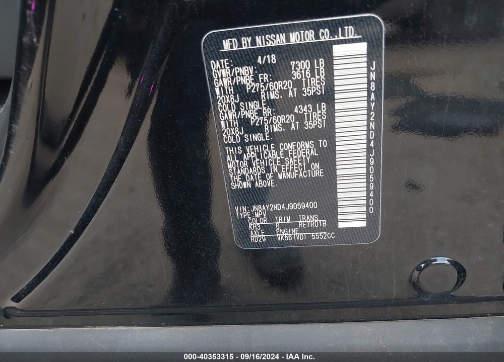 2018 NISSAN ARMADA SL VIN: JN8AY2ND4J9059400
