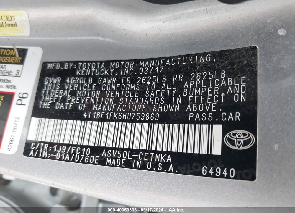 2017 TOYOTA CAMRY LE VIN: 4T1BF1FK6HU759869