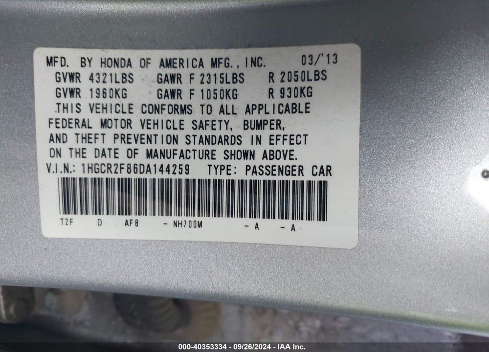 2013 HONDA ACCORD EX-L VIN: 1HGCR2F86DA144259