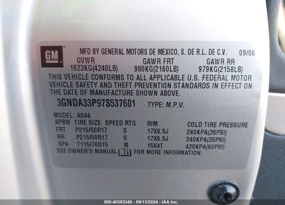 2007 CHEVROLET HHR LT VIN: 3GNDA33P97S537601