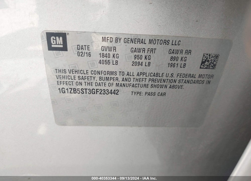 2016 CHEVROLET MALIBU LS VIN: 1G1ZB5ST3GF233442