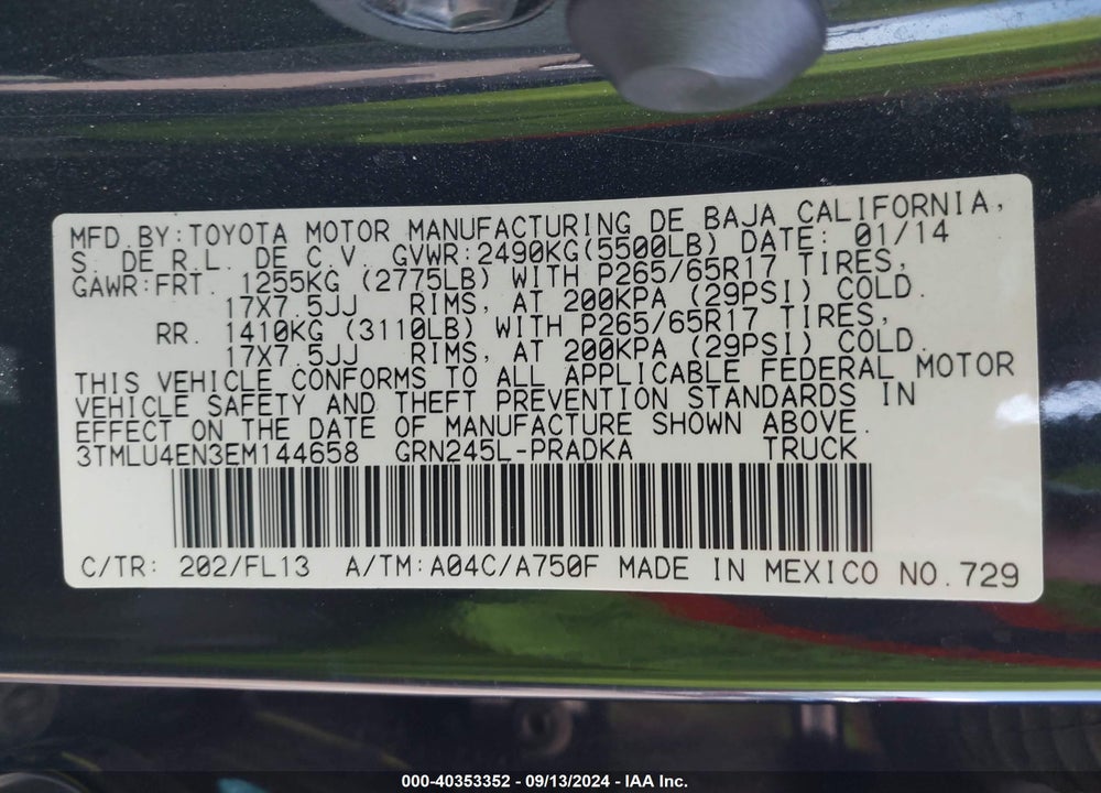 2014 TOYOTA TACOMA BASE V6 VIN: 3TMLU4EN3EM144658