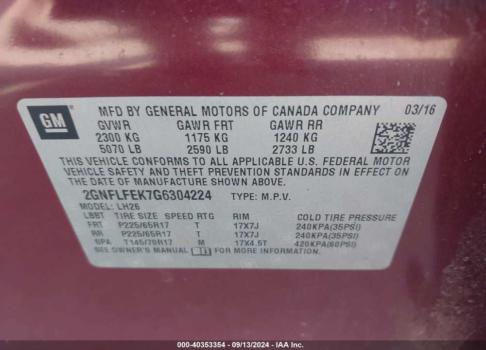 2016 CHEVROLET EQUINOX LT VIN: 2GNFLFEK7G6304224