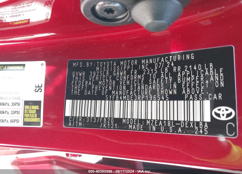 2024 TOYOTA COROLLA LE VIN: 5YFB4MDE3RP196545