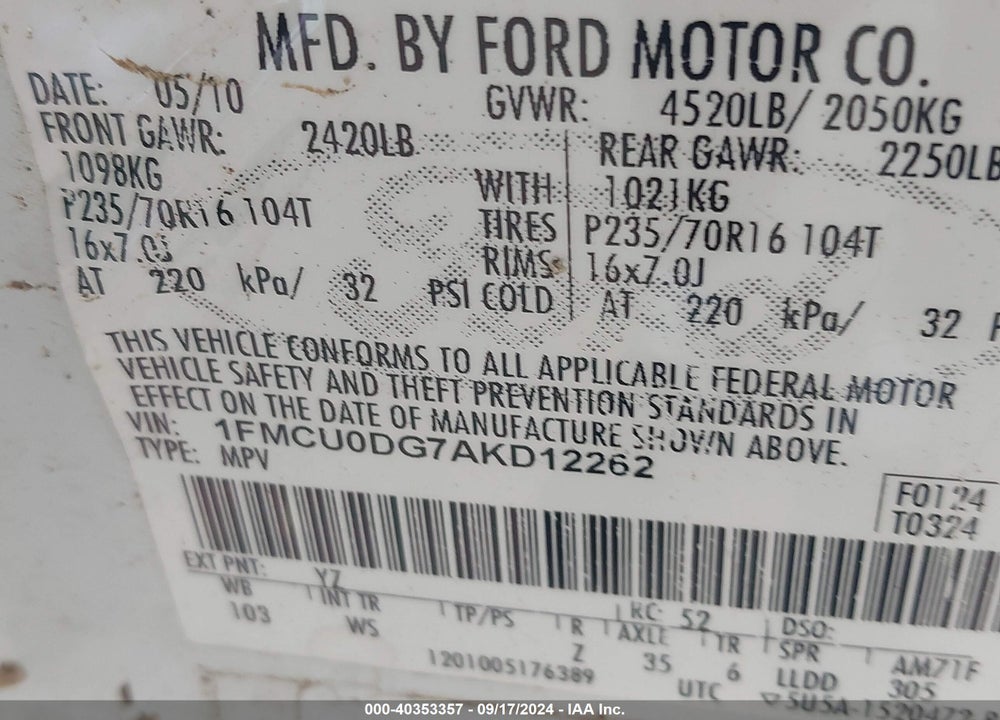2010 FORD ESCAPE XLT VIN: 1FMCU0DG7AKD12262