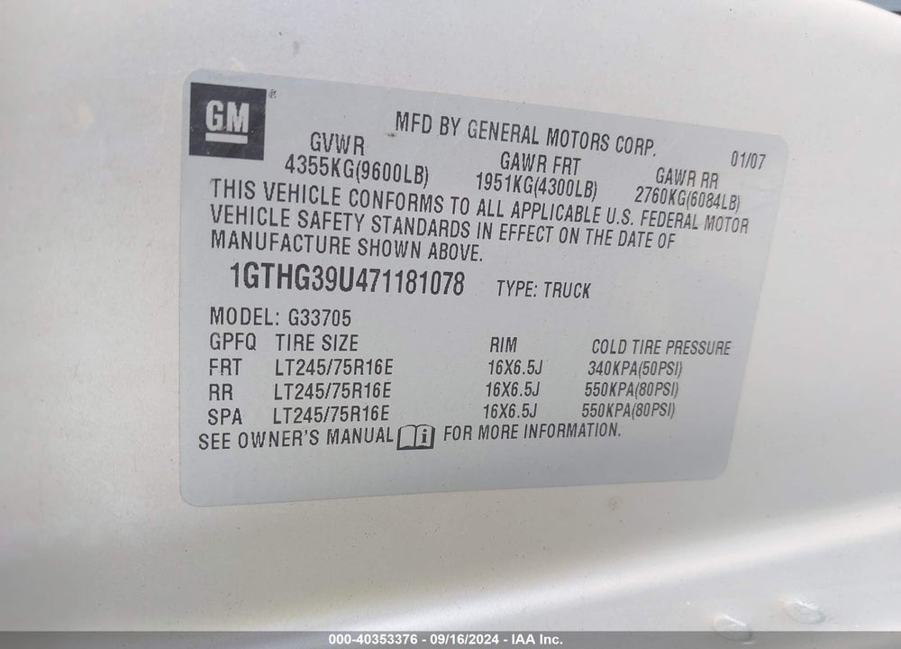 2007 GMC SAVANA WORK VAN VIN: 1GTHG39U471181078