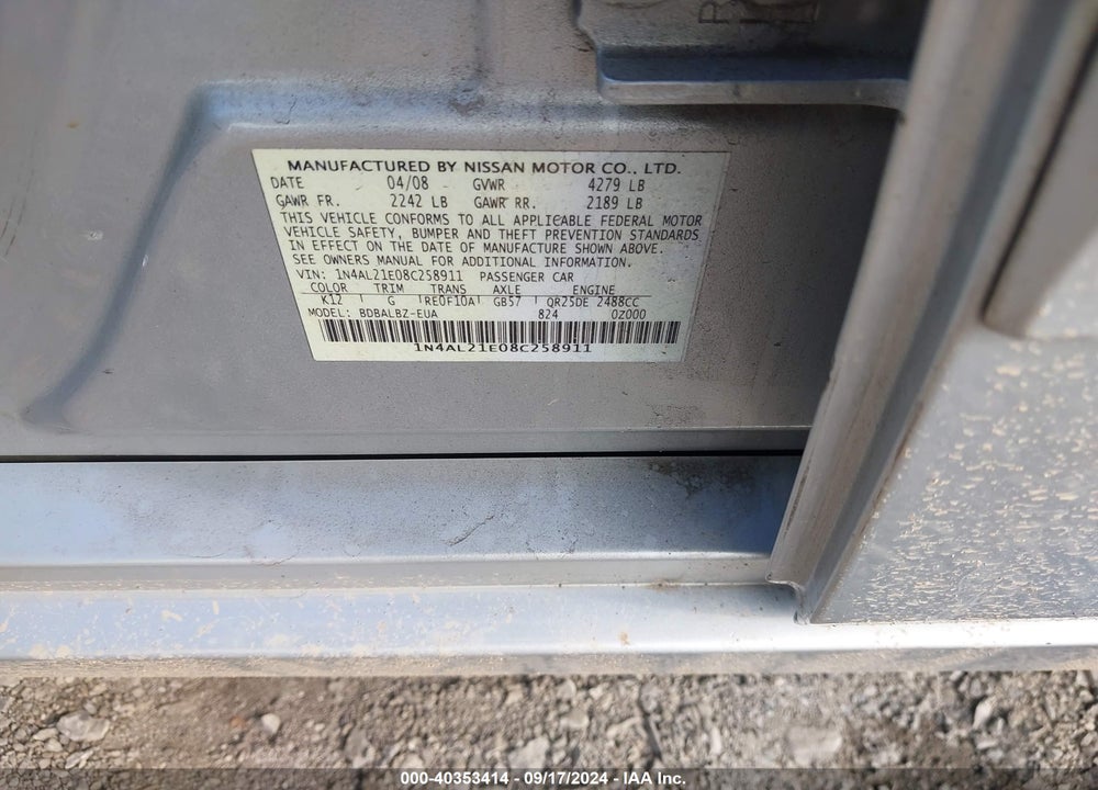 2008 NISSAN ALTIMA 2.5 S VIN: 1N4AL21E08C258911