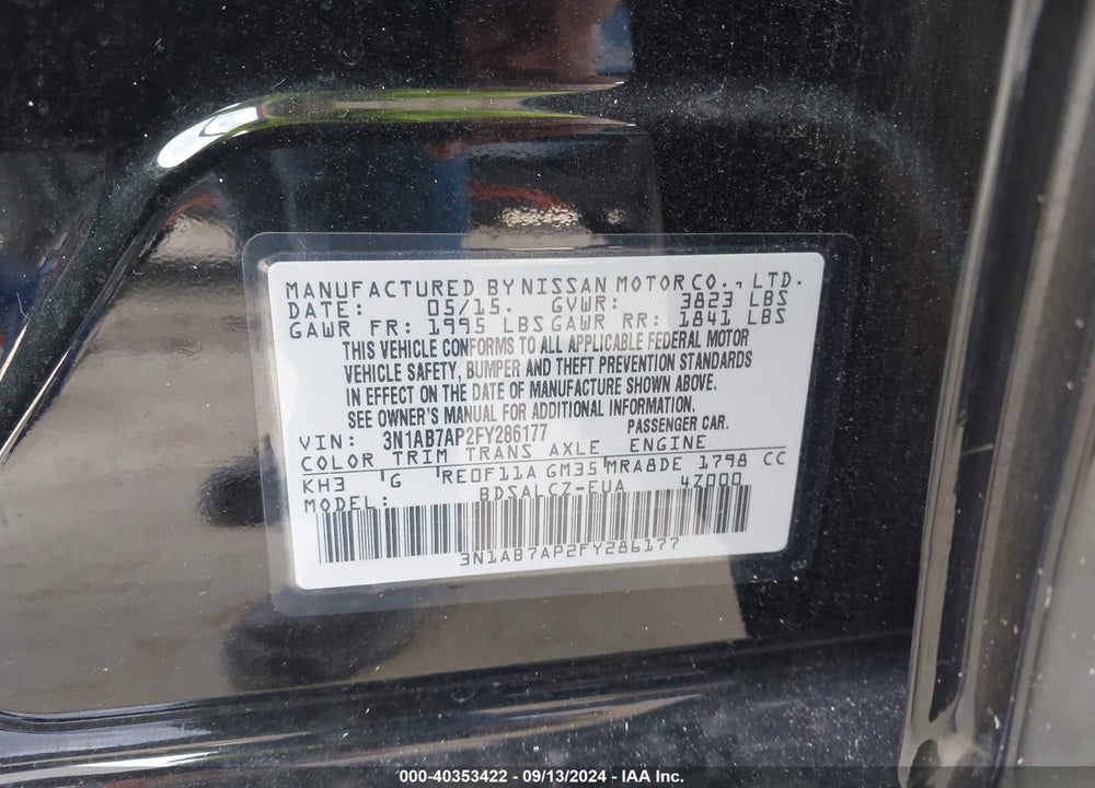 2015 NISSAN SENTRA S VIN: 3N1AB7AP2FY286177