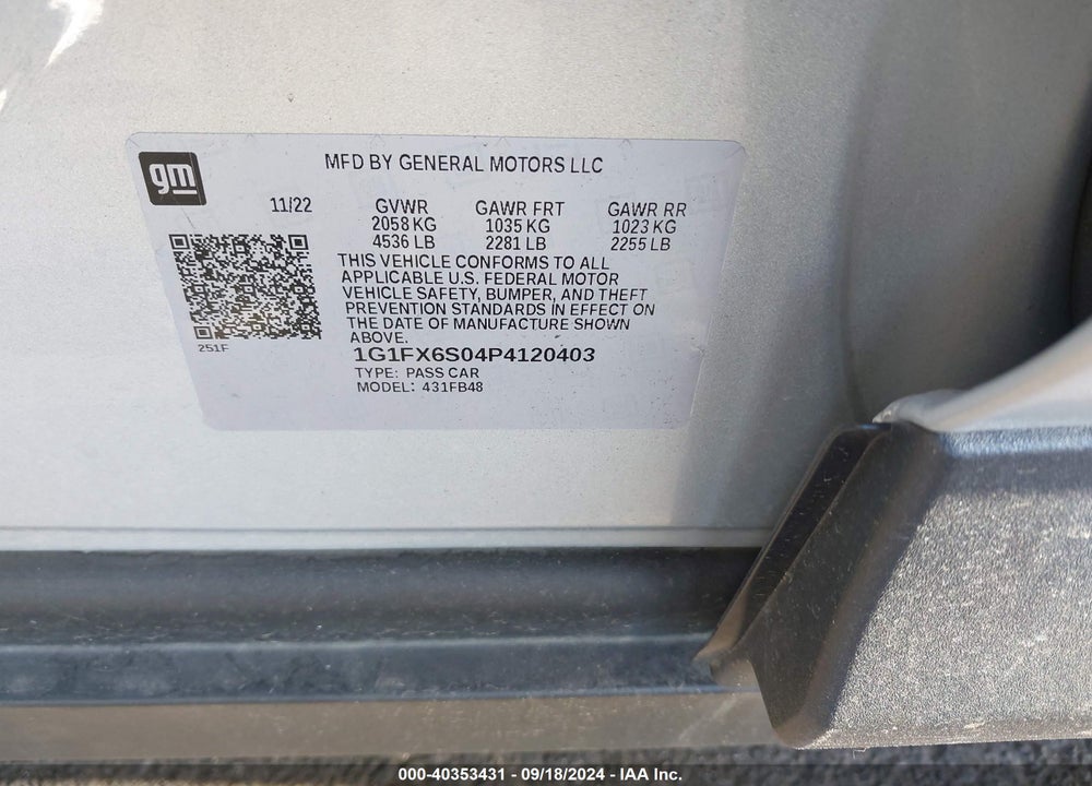 2023 CHEVROLET BOLT EV 2LT VIN: 1G1FX6S04P4120403