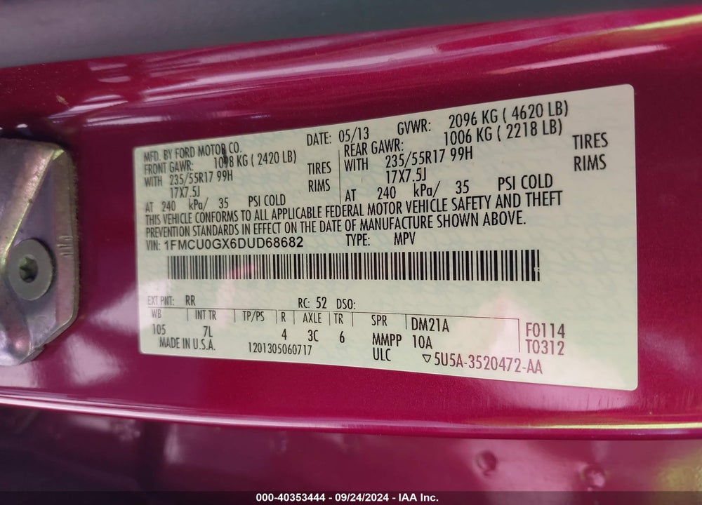 2013 FORD ESCAPE SE VIN: 1FMCU0GX6DUD68682