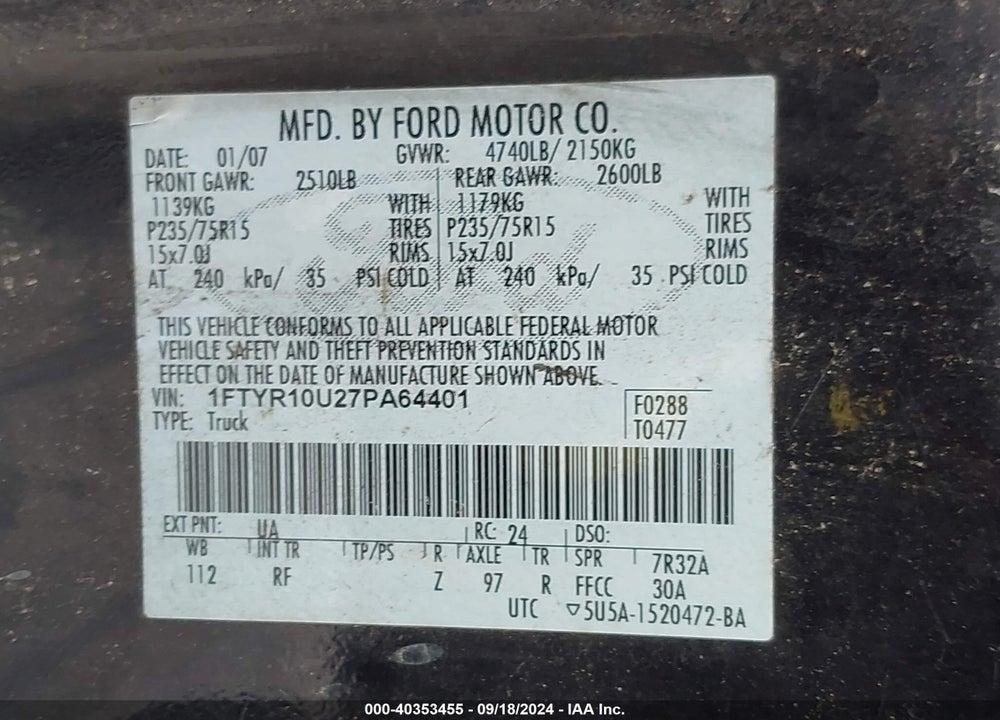 2007 FORD RANGER SPORT/STX/XL/XLT VIN: 1FTYR10U27PA64401