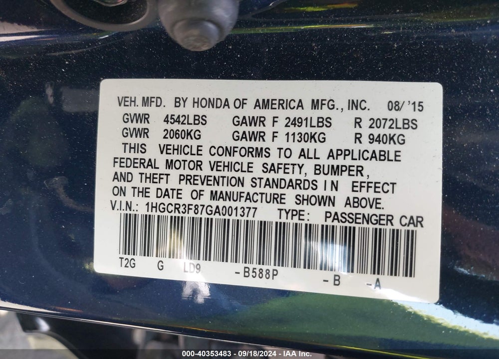 2016 HONDA ACCORD EX-L V-6 VIN: 1HGCR3F87GA001377