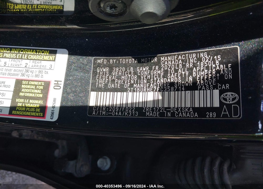 2015 TOYOTA COROLLA S PLUS VIN: 2T1BURHE7FC358714