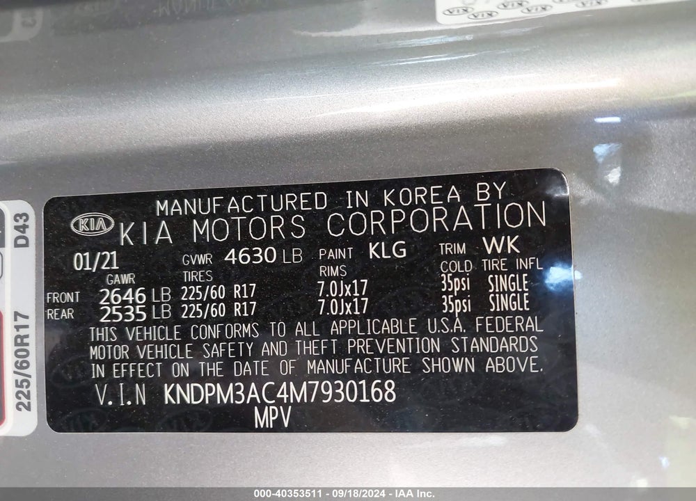 2021 KIA SPORTAGE LX VIN: KNDPM3AC4M7930168