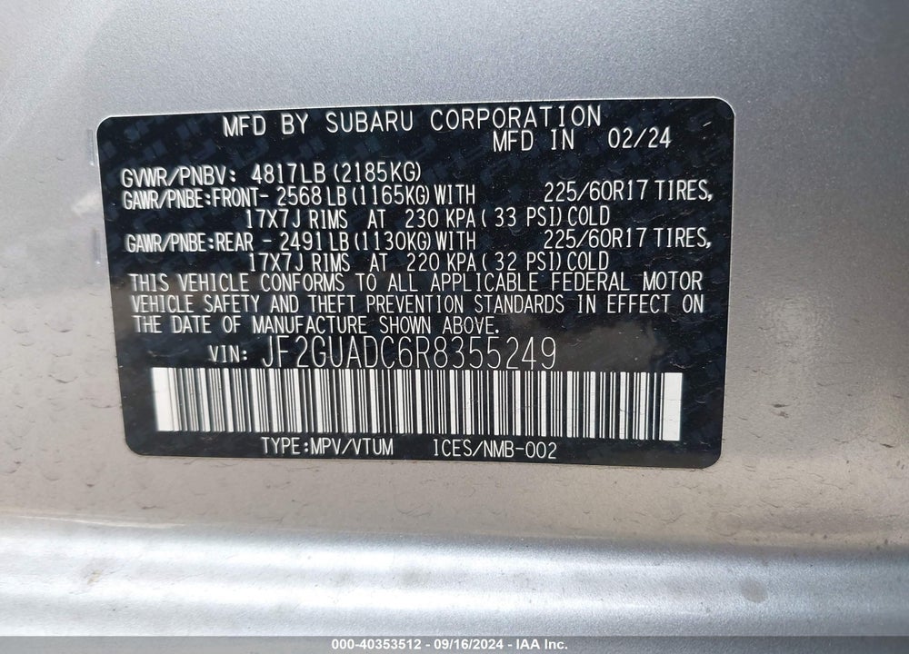 2024 SUBARU CROSSTREK PREMIUM VIN: JF2GUADC6R8355249