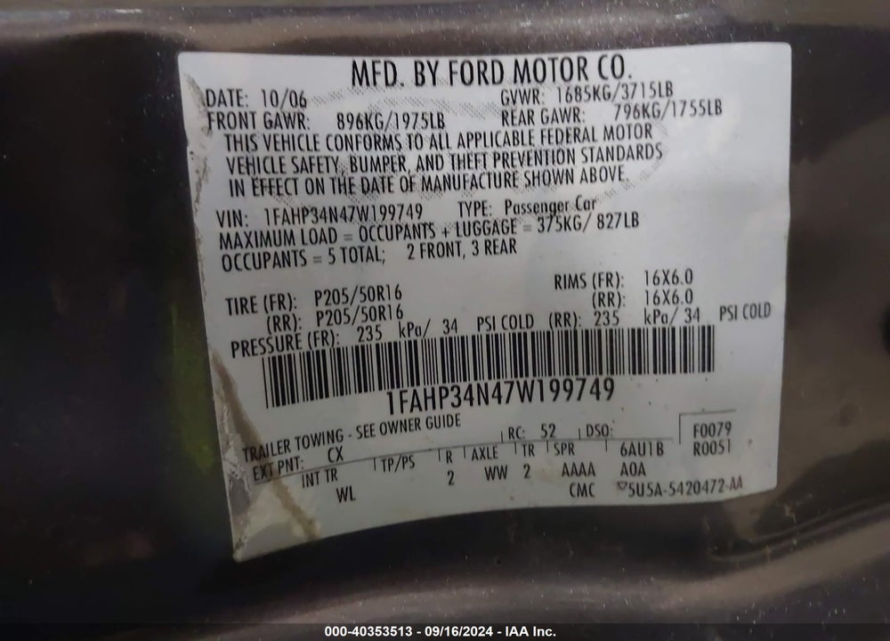 2007 FORD FOCUS S/SE/SES VIN: 1FAHP34N47W199749