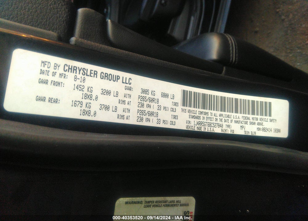 2011 JEEP GRAND CHEROKEE LIMITED VIN: 1J4RR5GT6BC527840