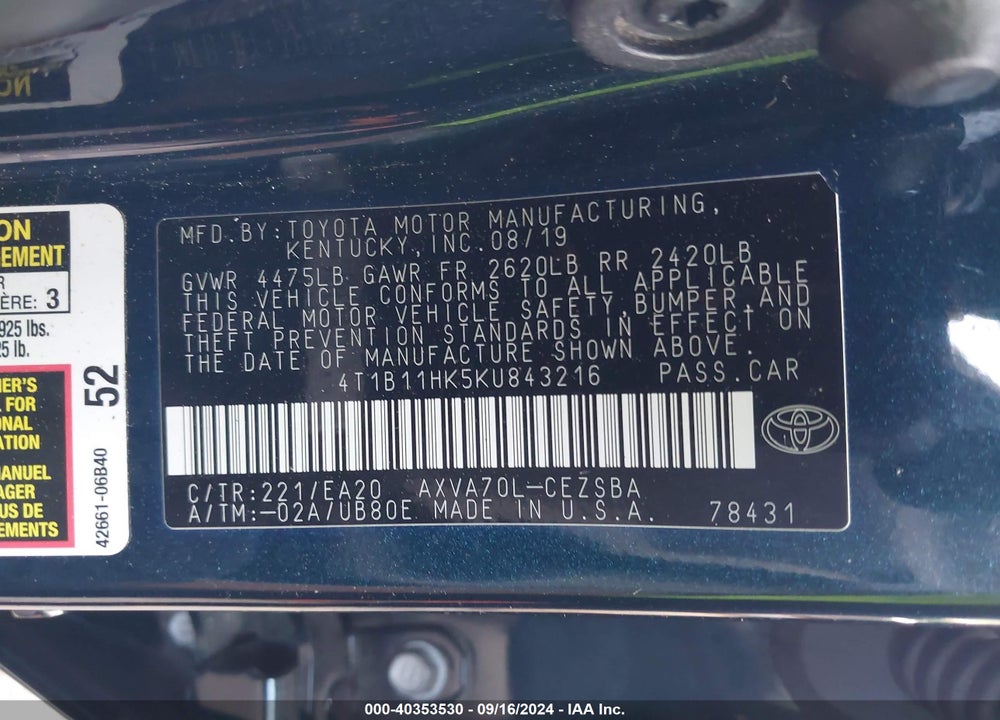 2019 TOYOTA CAMRY SE VIN: 4T1B11HK5KU843216