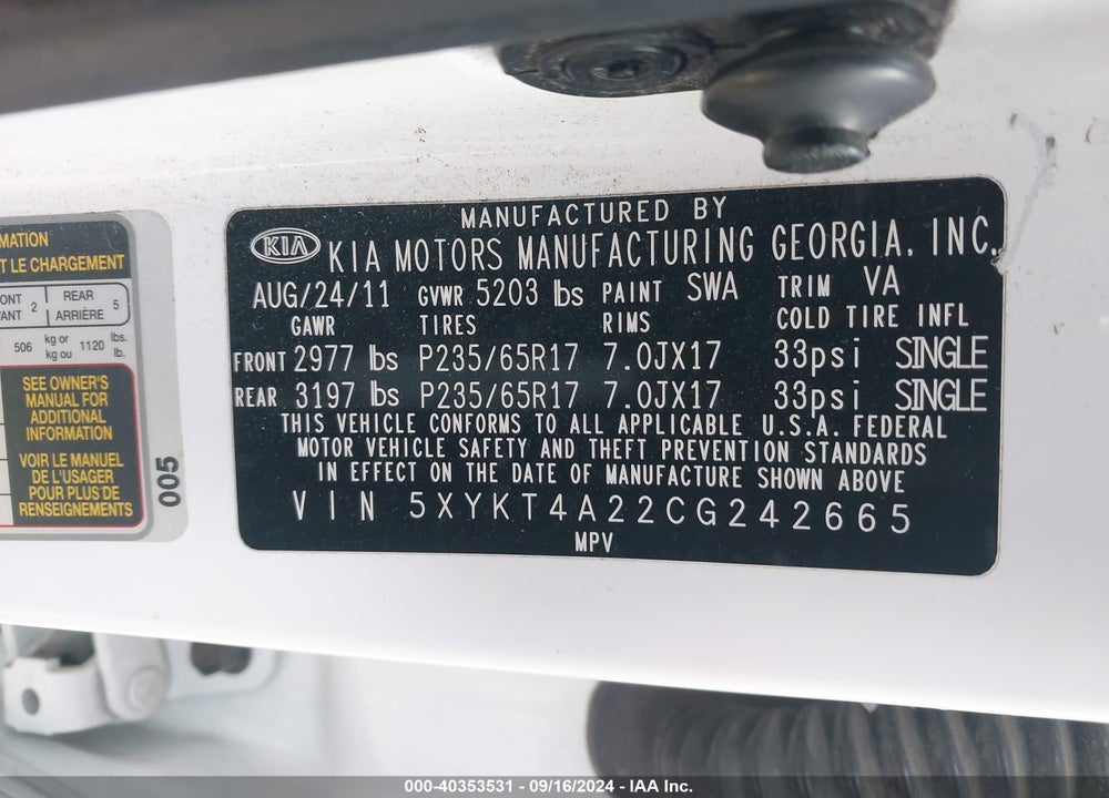 2012 KIA SORENTO LX V6 VIN: 5XYKT4A22CG242665