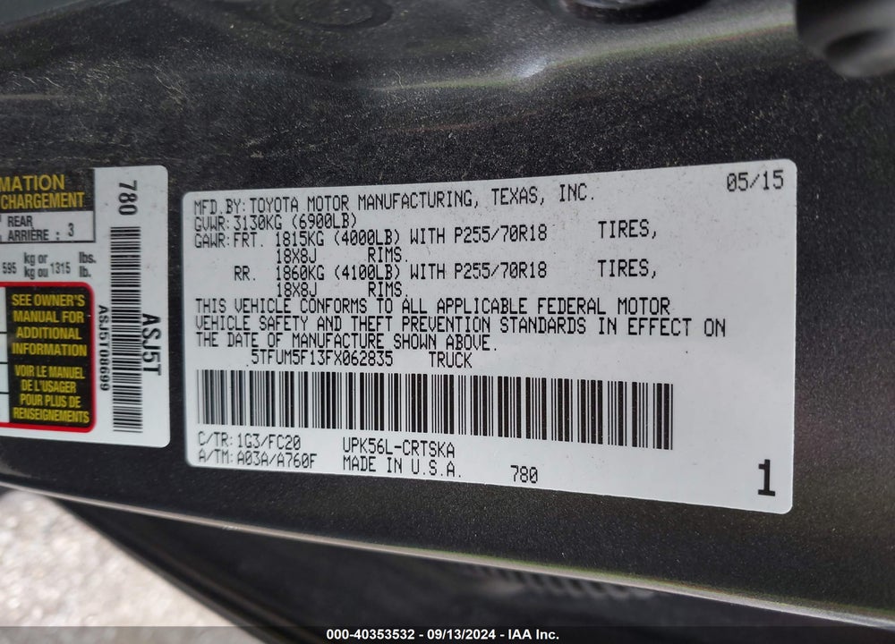 2015 TOYOTA TUNDRA SR5 4.6L V8 VIN: 5TFUM5F13FX062835