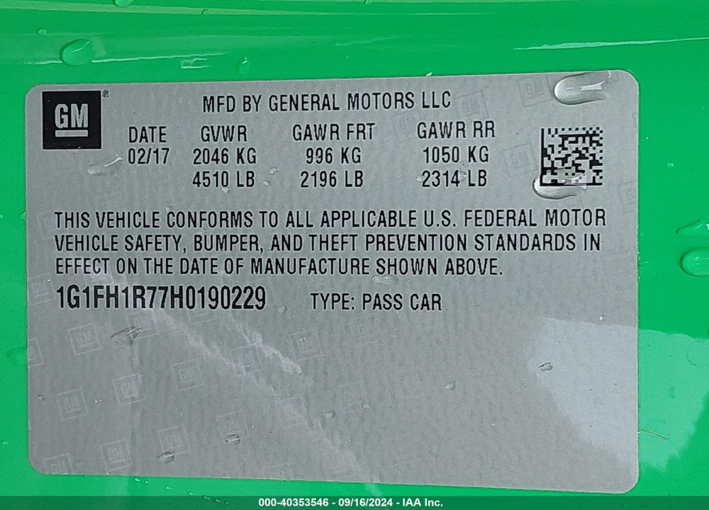 2017 CHEVROLET CAMARO 2SS VIN: 1G1FH1R77H0190229