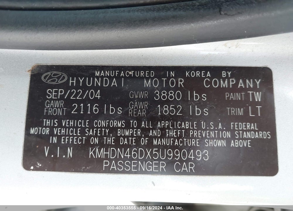 2005 HYUNDAI ELANTRA GLS/GT VIN: KMHDN46DX5U990493