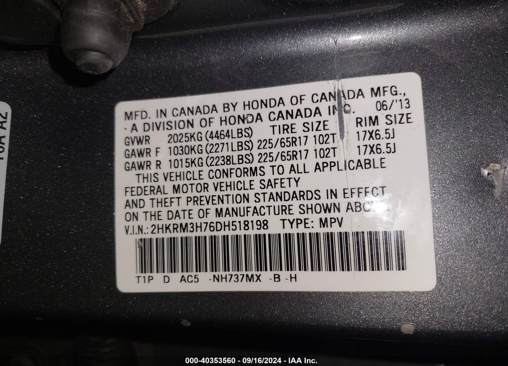 2013 HONDA CR-V EX-L VIN: 2HKRM3H76DH518198