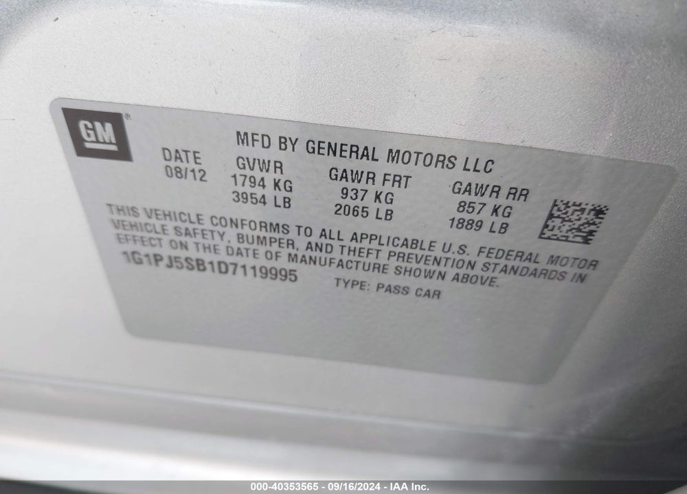 2013 CHEVROLET CRUZE ECO MANUAL VIN: 1G1PJ5SB1D7119995