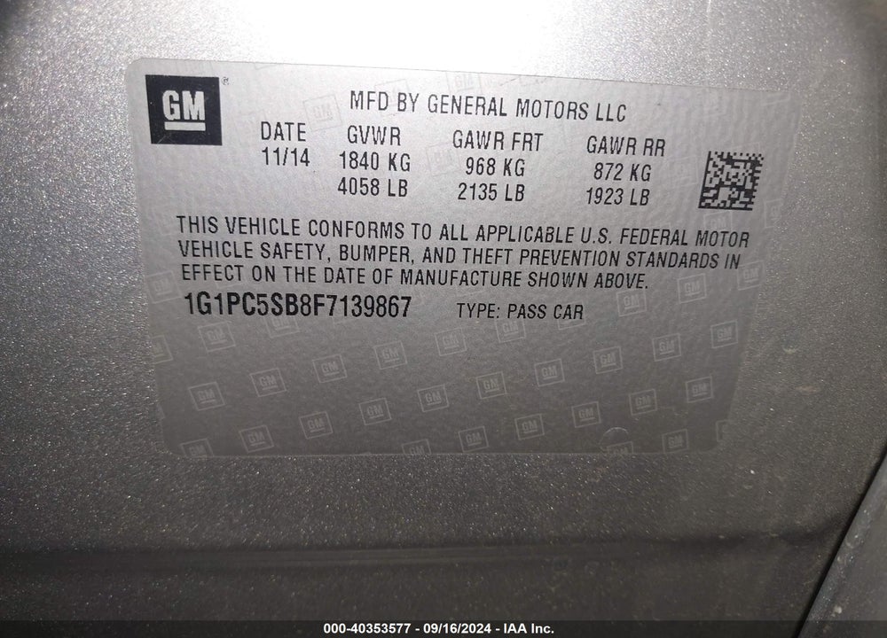 2015 CHEVROLET CRUZE 1LT AUTO VIN: 1G1PC5SB8F7139867
