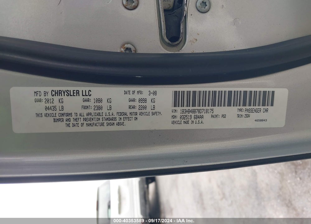 2008 DODGE CALIBER VIN: 1B3HB48B78D718175