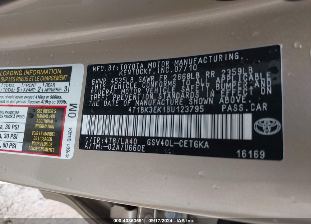 2011 TOYOTA CAMRY XLE V6 VIN: 4T1BK3EK1BU123795